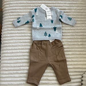 Gray Baby Sweater with Tree Pattern and bottoms.